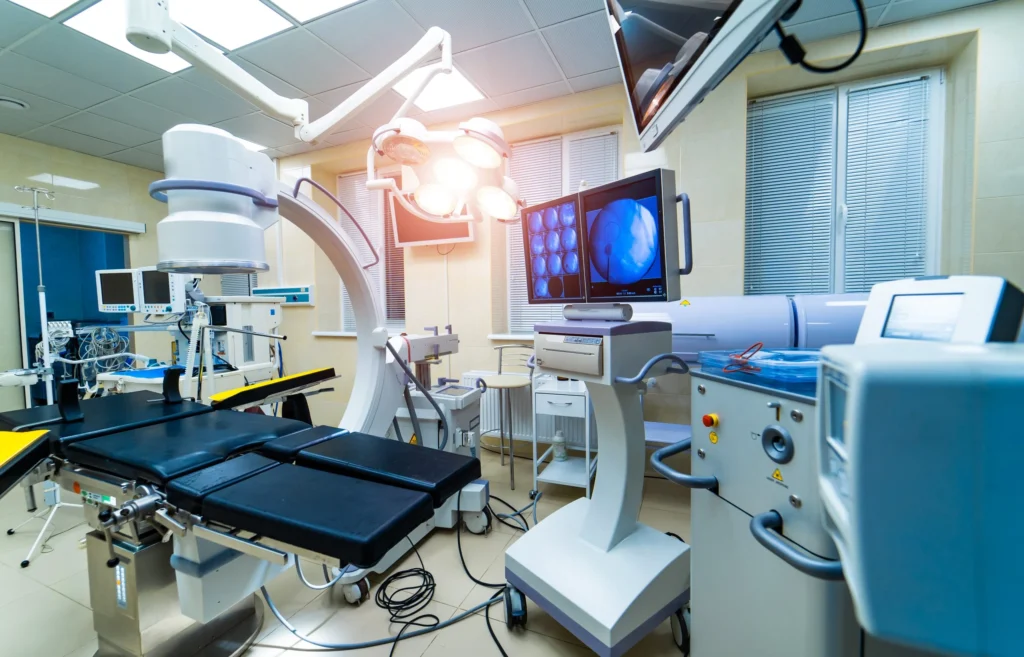 operating room with X-ray medical scan. Clinic interior with surgery table, lamps and ultra modern devices, technology, hi-tech interior,