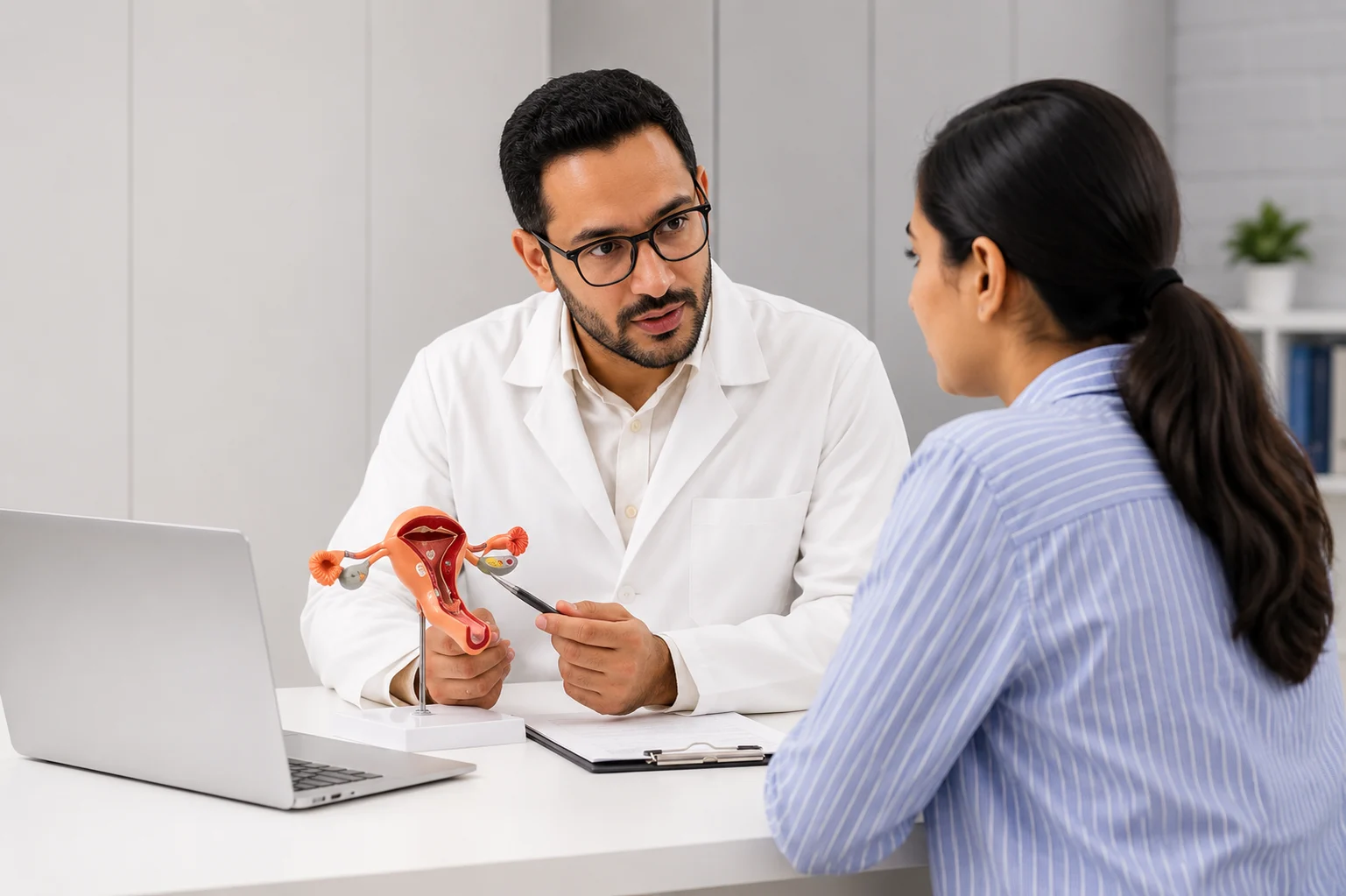 A male doctor explains a female reproductive system model to a woman during a consultation in a medical surgery, with a laptop and clipboard on the desk.