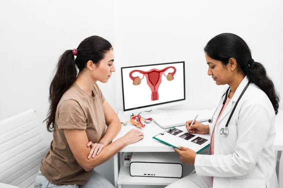 A doctor discusses ultrasound images with a patient in an office; a computer screen behind them displays a diagram of the female reproductive system.
