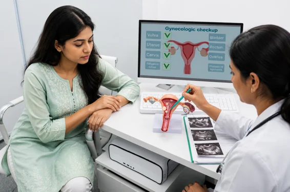 A doctor points to a model of the female reproductive system while a patient looks on; a monitor behind them shows a gynecologic checkup checklist.