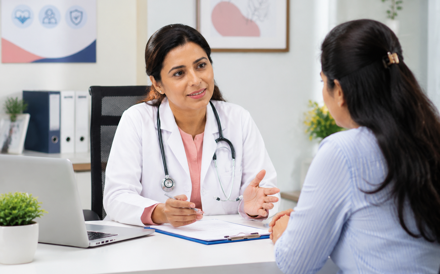 A female doctor in a white coat talks to a woman patient in an office. The doctor holds a pen and clipboard, and a stethoscope hangs round her neck. A laptop and files are on the desk.