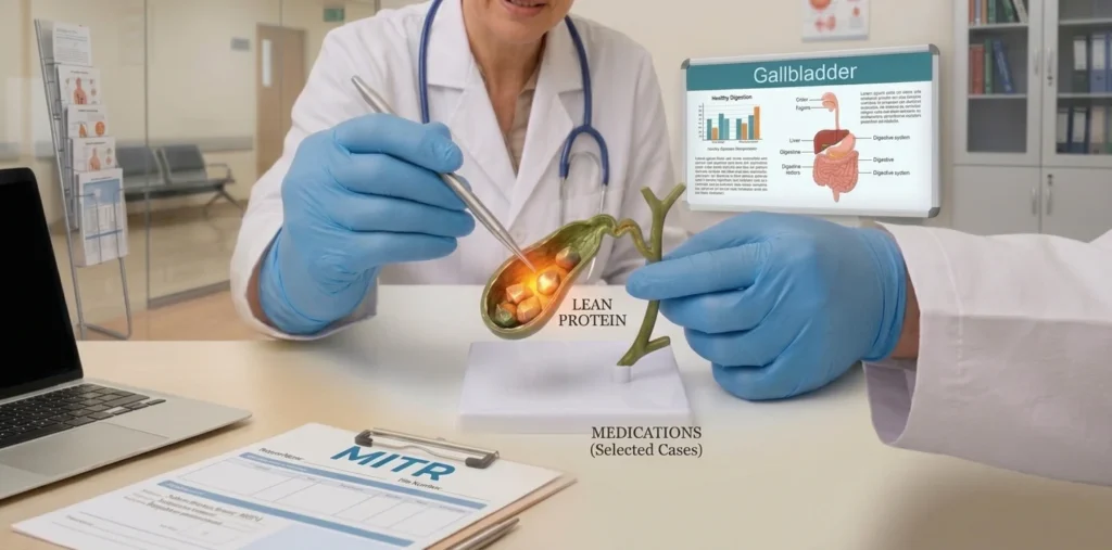 Doctor holding a model of a gallbladder with gallstones beside a gallbladder chart