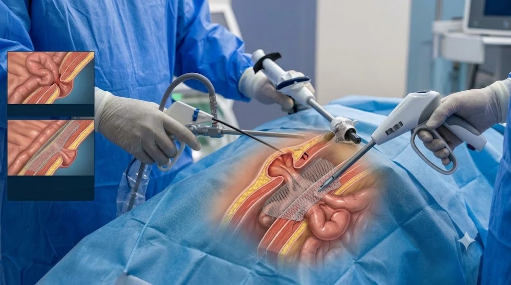 Surgeons performing laparoscopic hernia repair with instruments, with an inset illustration showing mesh placed over a hernia
